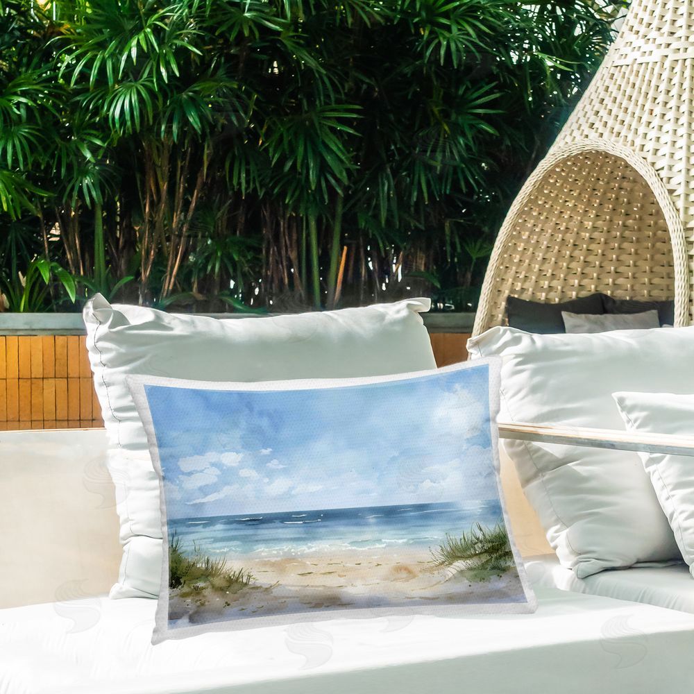 Creative Studio Serene Summer Beachscape Outdoor Rectangular Pillow on Patio
