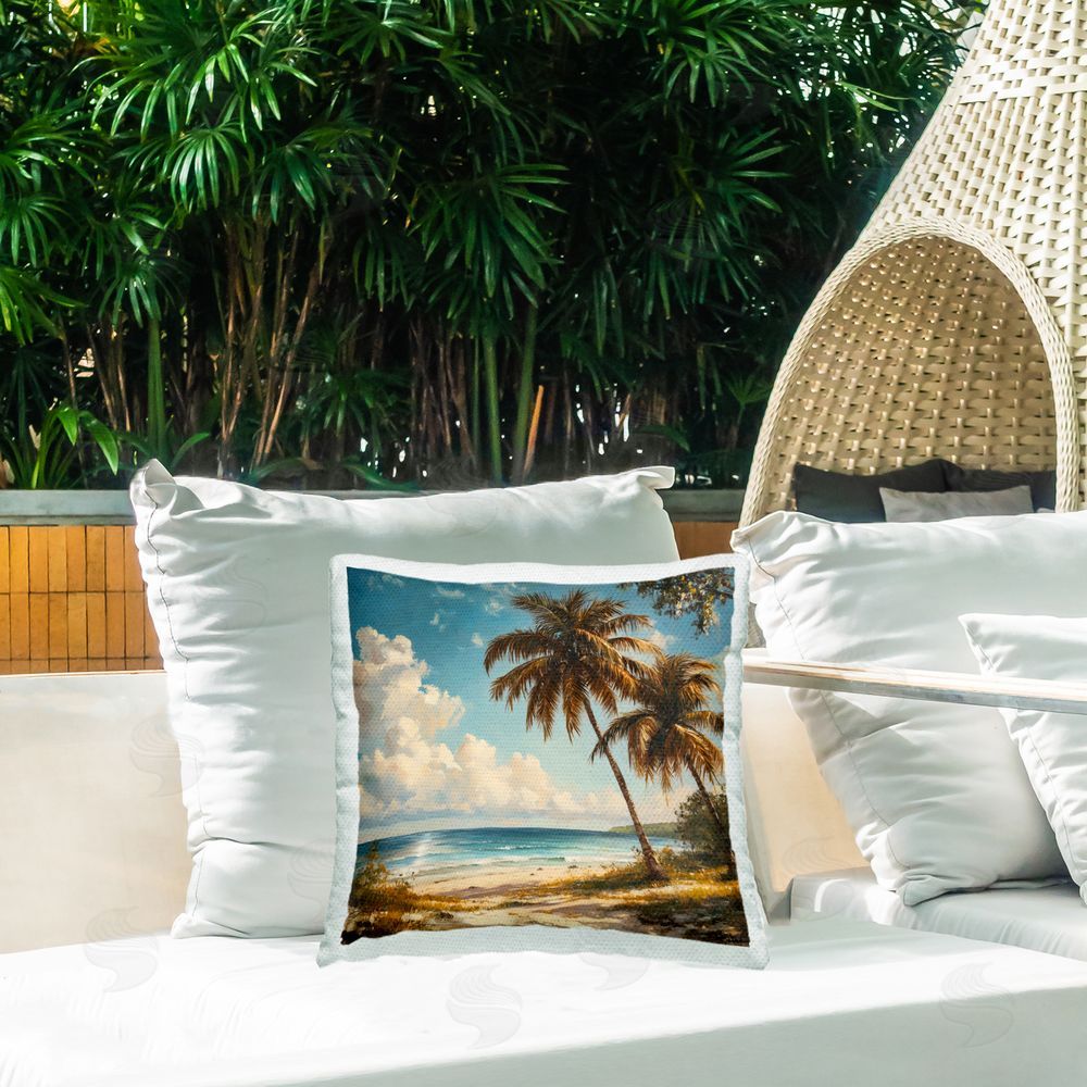 Creative Studio Summer Beach Palms & Clouds Outdoor Square Pillow on Patio