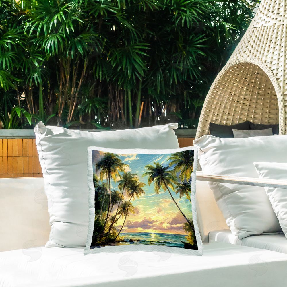 Creative Studio Sunset On The Beach Palms Outdoor Square Pillow on Patio