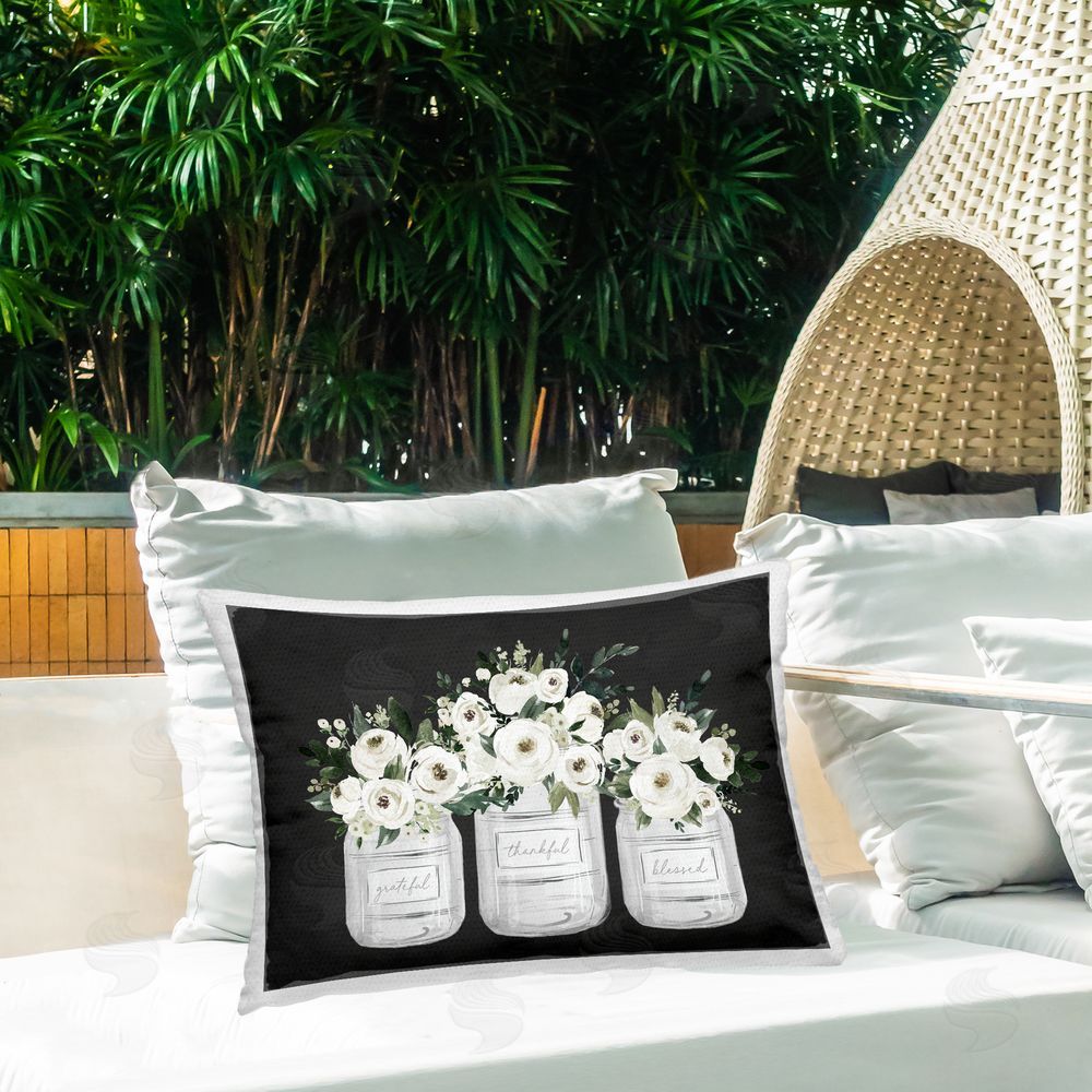 Lettered and Lined Floral Farmhouse Jars Trio Outdoor Rectangular Pillow on Patio