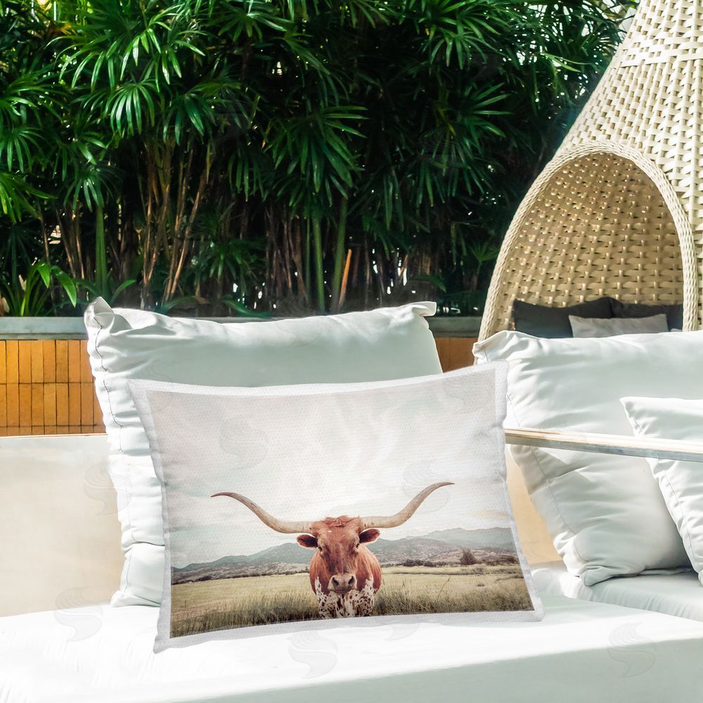 Sisi and Seb Longhorn Portrait open Meadow Outdoor Printed Throw Pillow on Patio