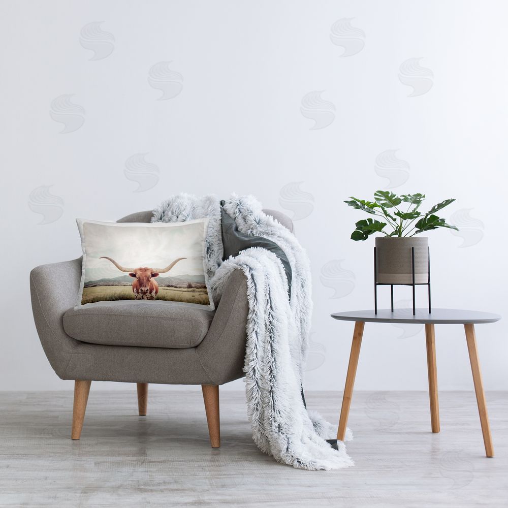 Sisi and Seb Longhorn Portrait open Meadow Printed Indoor Throw Pillow in Room