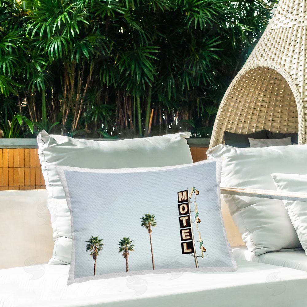 Sisi and Seb Diving Ladies Motel Sign Outdoor Printed Throw Pillow on Patio