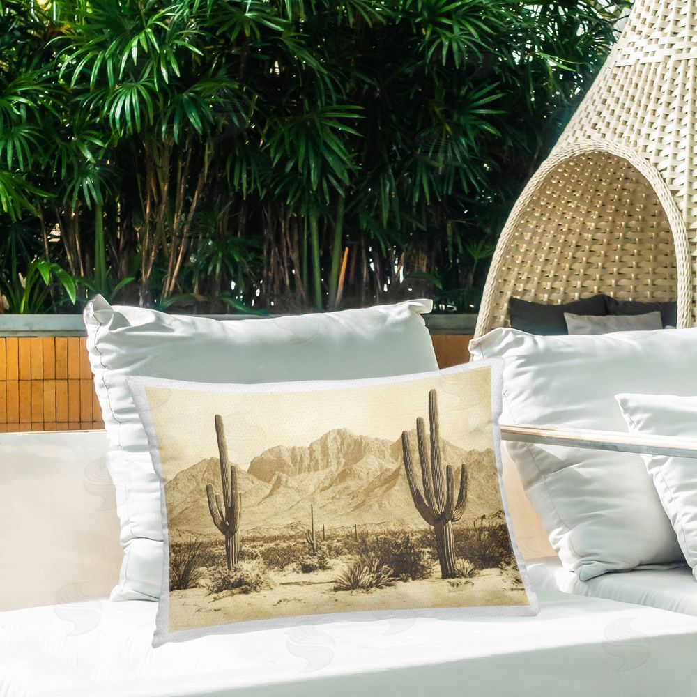 Petal Prints Design Desert Landscape Vintage Sepia Outdoor Printed Throw Pillow on Patio