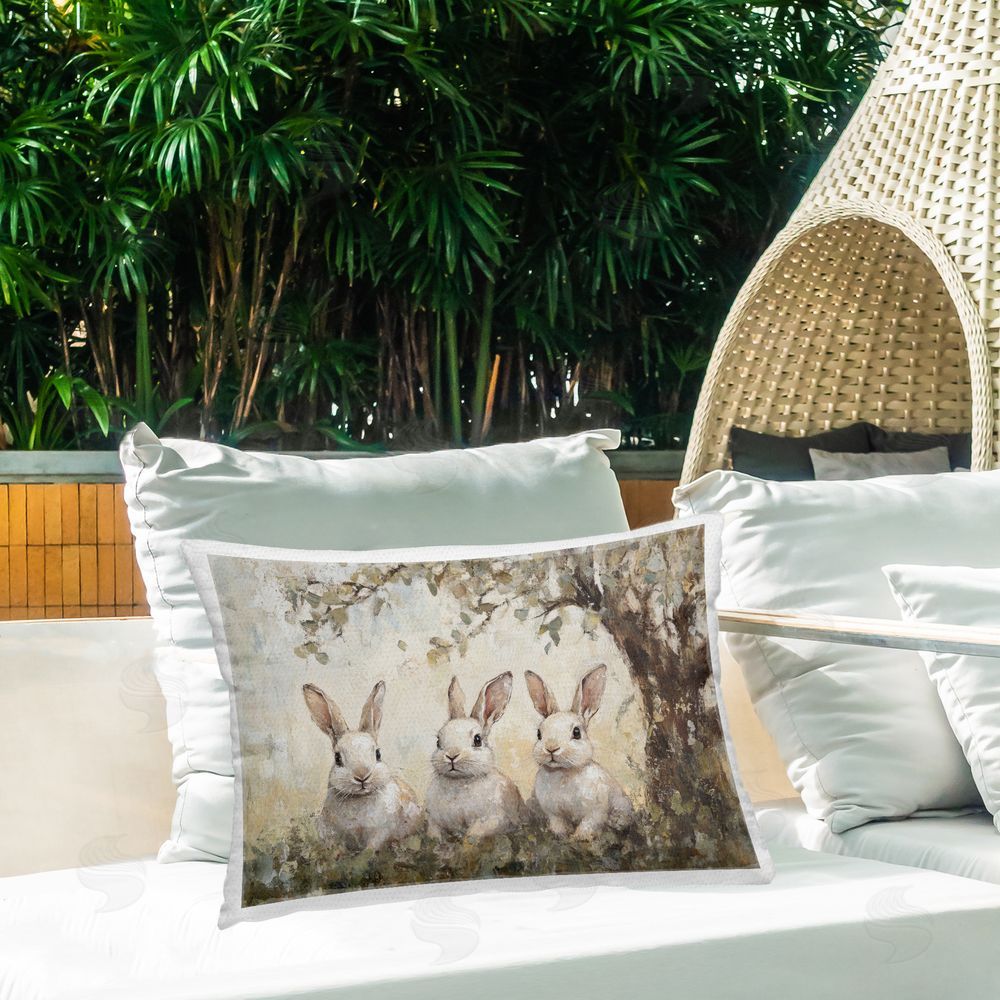 Petal Prints Design Fairytale Bunnies under Tree Outdoor Printed Throw Pillow on Patio