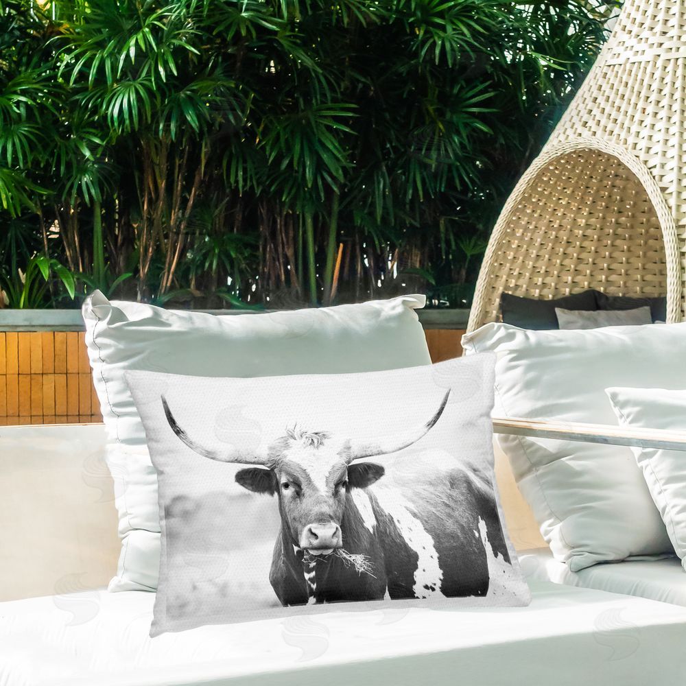 Sisi and Seb Two Tone Longhorn Portrait Outdoor Printed Throw Pillow on Patio