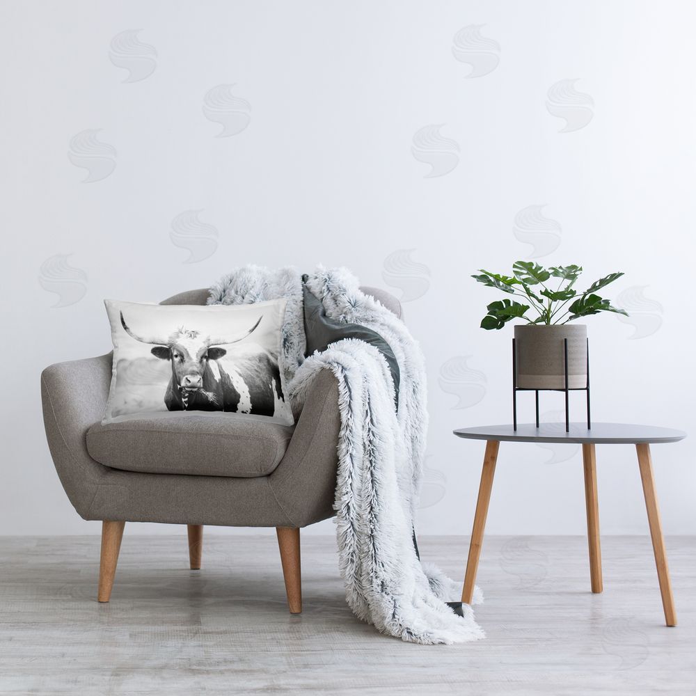 Sisi and Seb Two Tone Longhorn Portrait Printed Indoor Throw Pillow in Room