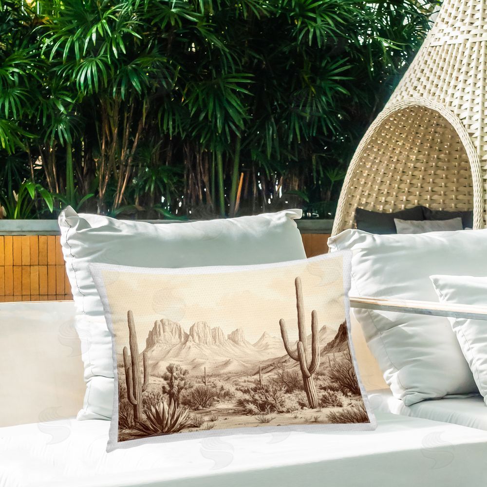 Petal Prints Design Desert Landscape Vintage Cacti Outdoor Printed Throw Pillow on Patio