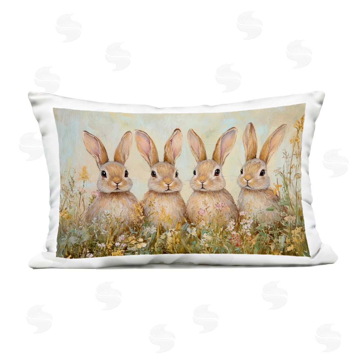 Petal Prints Design Four Bunnies in Flowers Outdoor Printed Throw Pillow