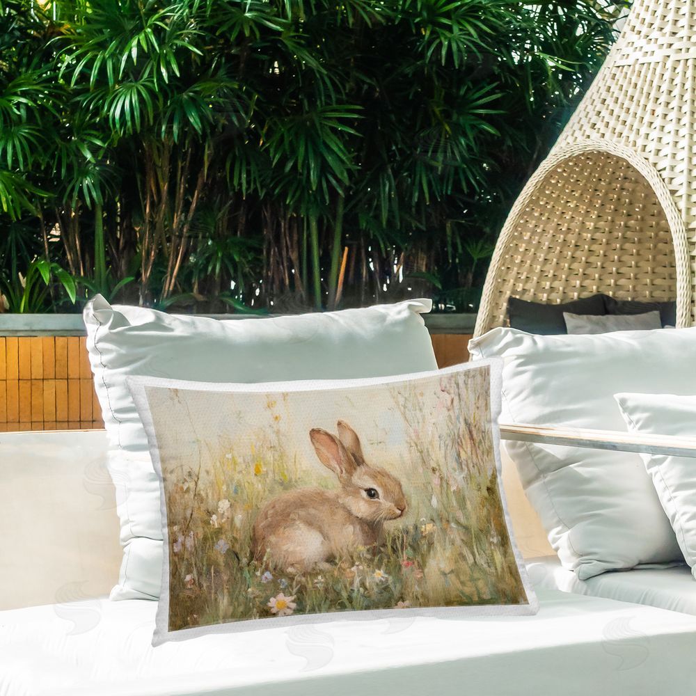 Petal Prints Design Brown Bunny in Flower Meadow Outdoor Printed Throw Pillow on Patio