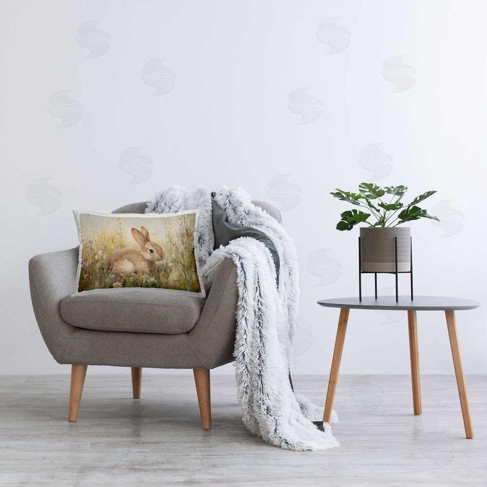 Petal Prints Design Brown Bunny in Flower Meadow Printed Indoor Throw Pillow in Room