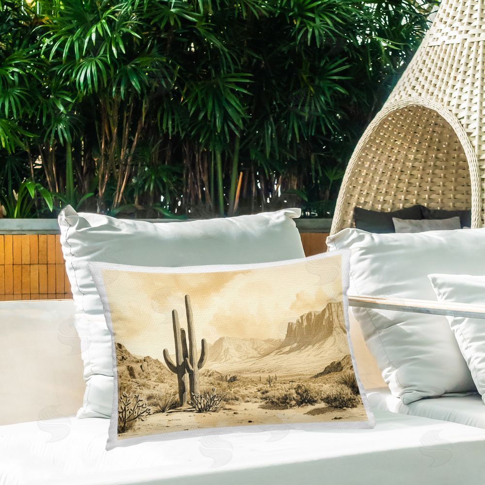 Petal Prints Design Desert Landscape Sepia Cacti Outdoor Printed Throw Pillow on Patio
