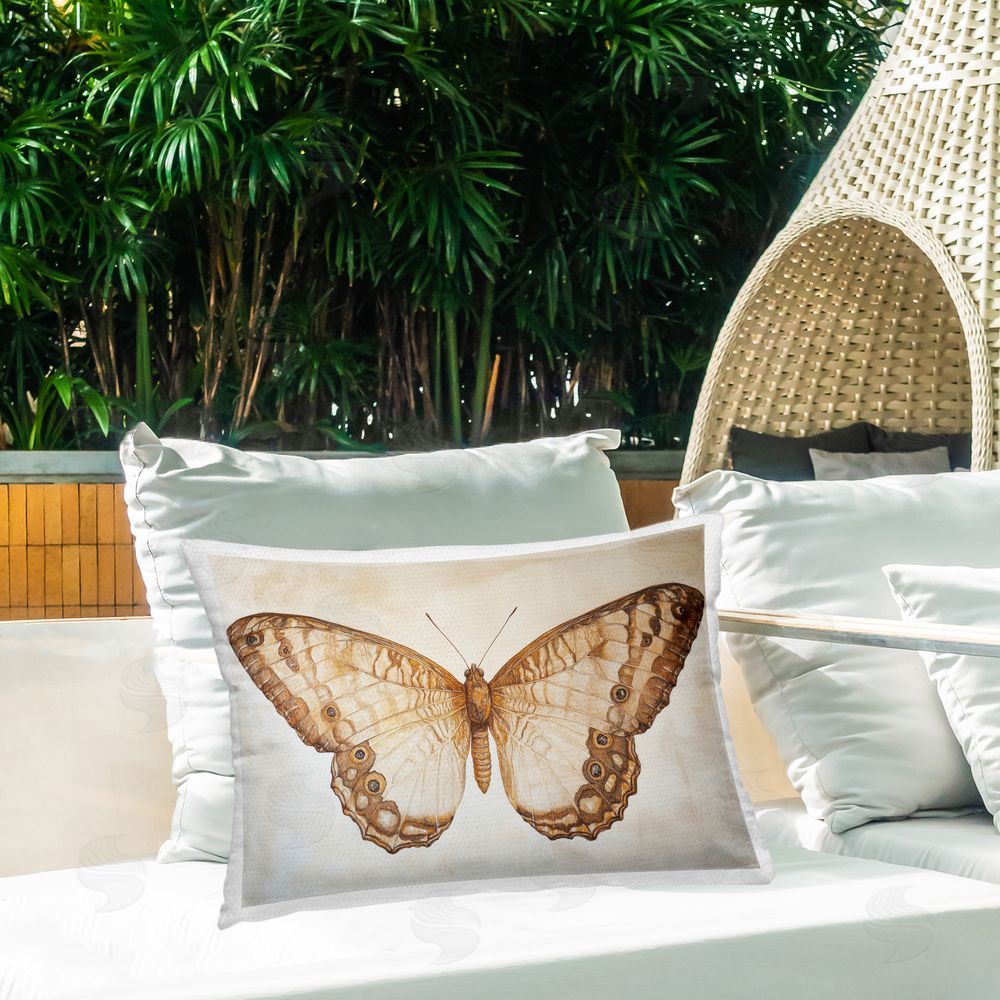 Petal Prints Design Vintage Sepia Moth Illustration Outdoor Printed Throw Pillow on Patio