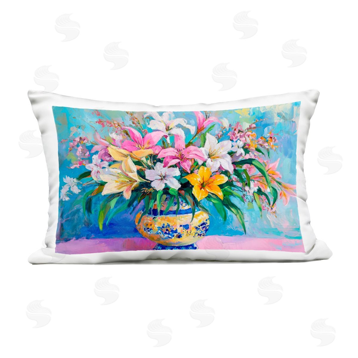 Petal Prints Design Bold Lilies over Blue Outdoor Printed Throw Pillow