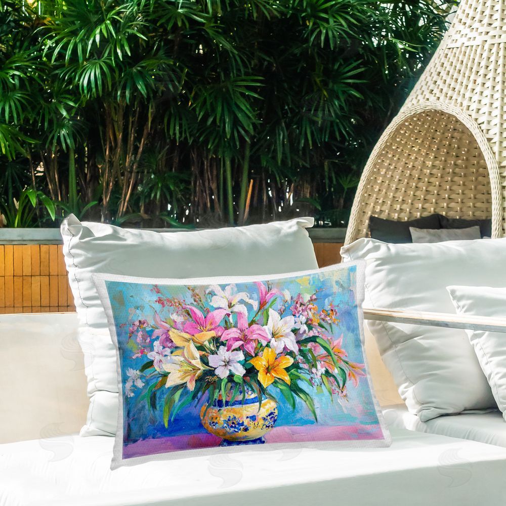 Petal Prints Design Bold Lilies over Blue Outdoor Printed Throw Pillow on Patio
