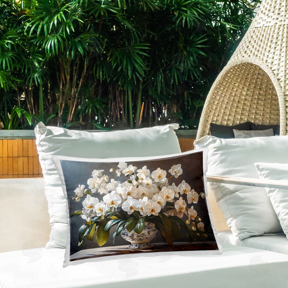 Franklyn Gregory Elegant Orchid Arrangement Outdoor Printed Throw Pillow on Patio