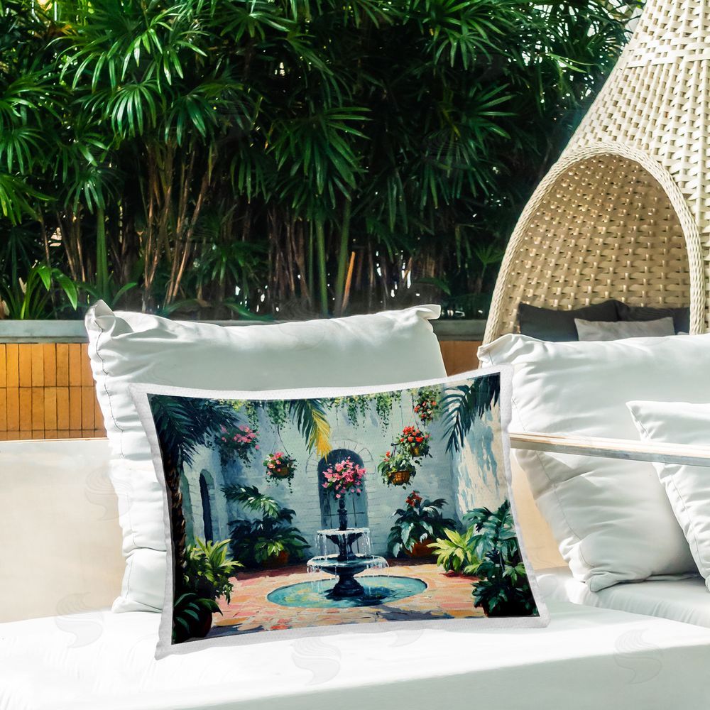 Franklyn Gregory Floral Fountain Courtyard Outdoor Printed Throw Pillow on Patio