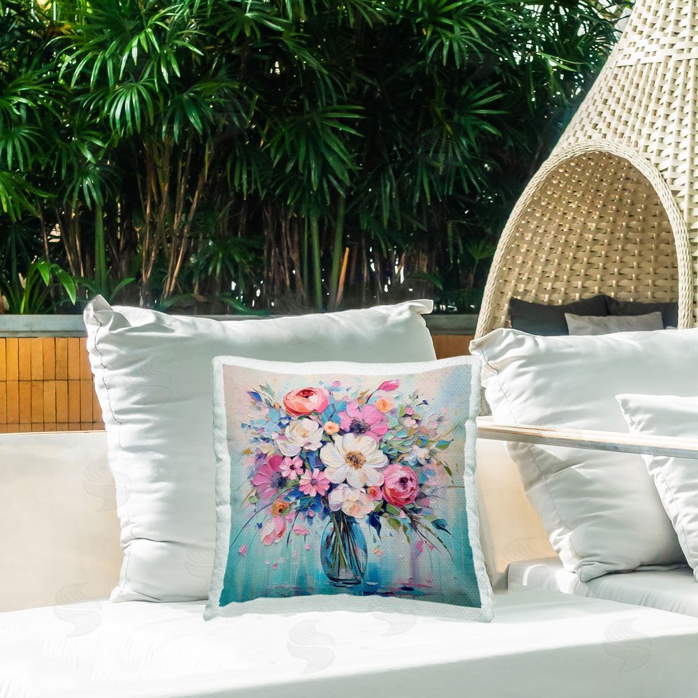 Creative Studio Faux Textured Bouquet on Blue Outdoor Square Pillow on Patio