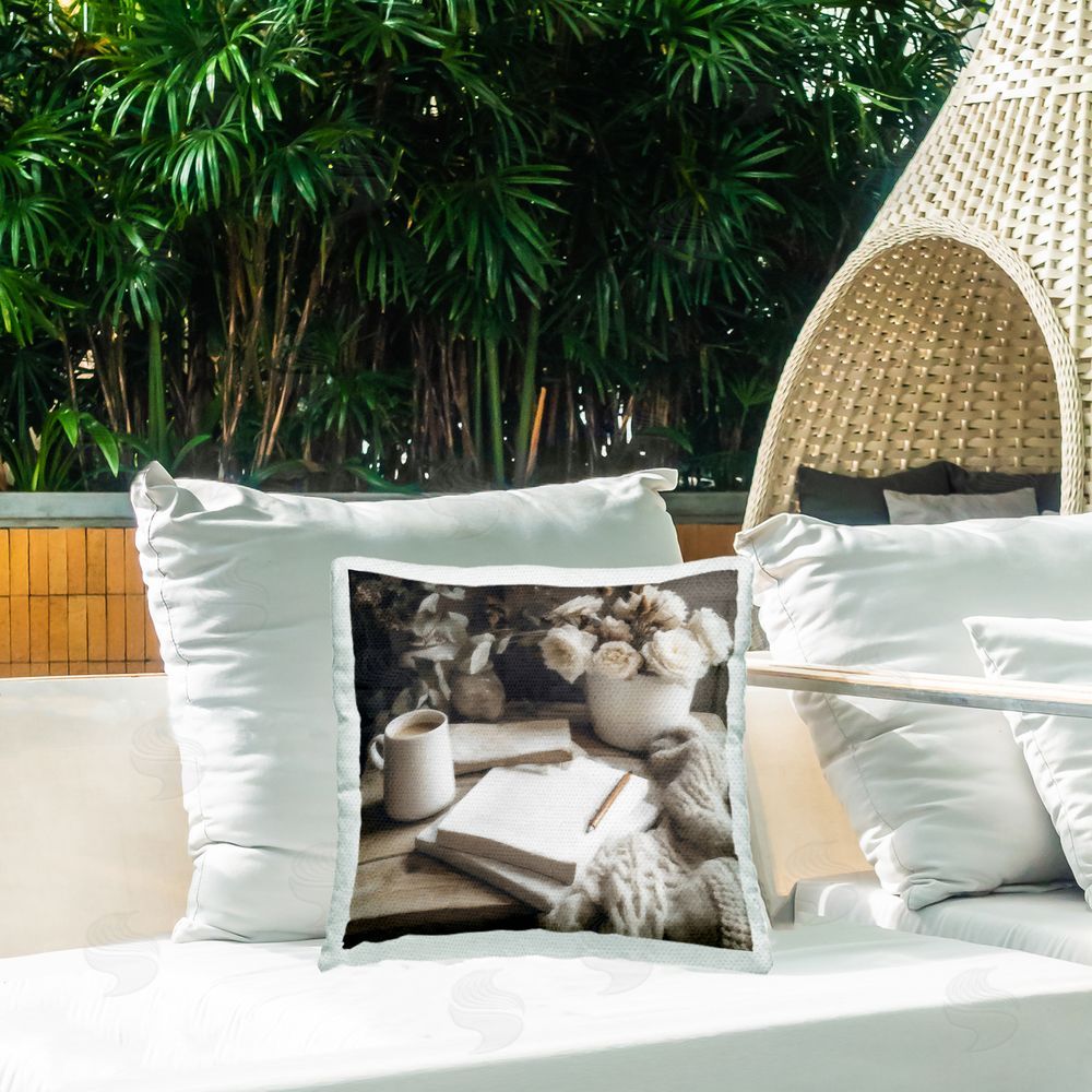 Riley B Morning Coffee & Journaling Outdoor Printed Throw Pillow on Patio