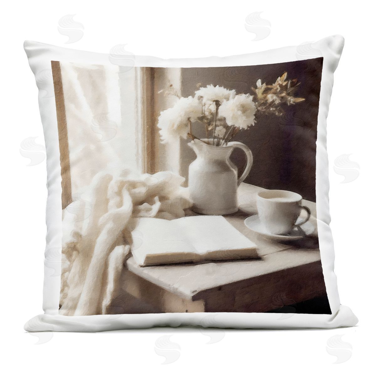 Riley B Neutral Morning Coffee Journaling Outdoor Printed Throw Pillow