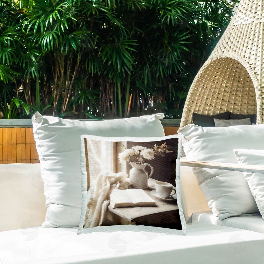 Riley B Neutral Morning Coffee Journaling Outdoor Printed Throw Pillow on Patio