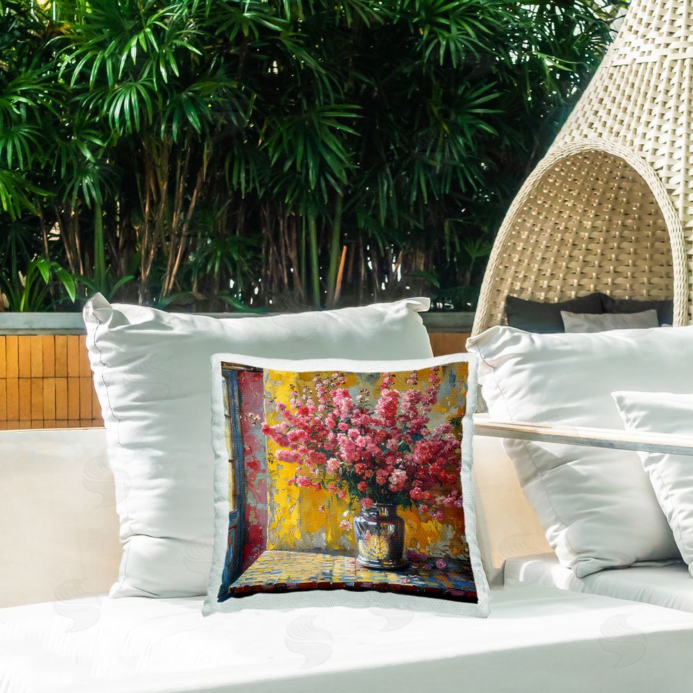 Creative Studio Full Pink Flower Display Outdoor Square Pillow on Patio