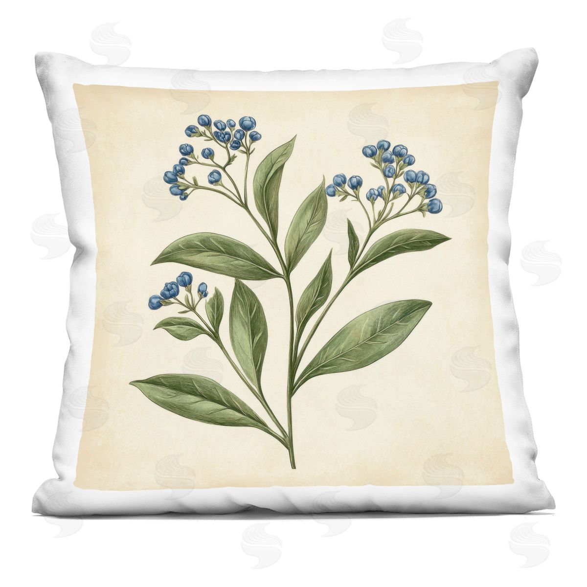Petal Prints Design Blue Buds Botanical Illustration Indoor Printed Throw Pillow