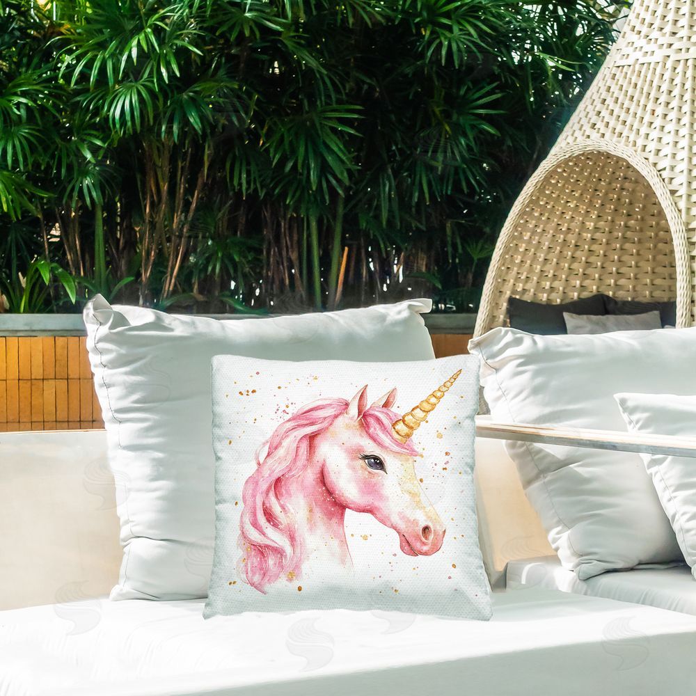 Creative Studio Pink Unicorn with Paint Splatter Outdoor Printed Throw Pillow on Patio