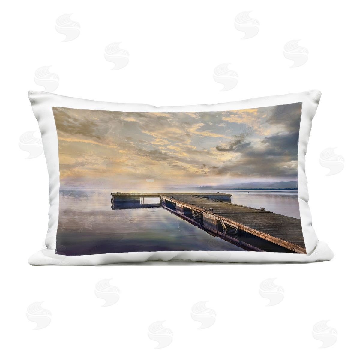Mike Calascibetta Lazy Morning Lake Dock Outdoor Printed Pillow