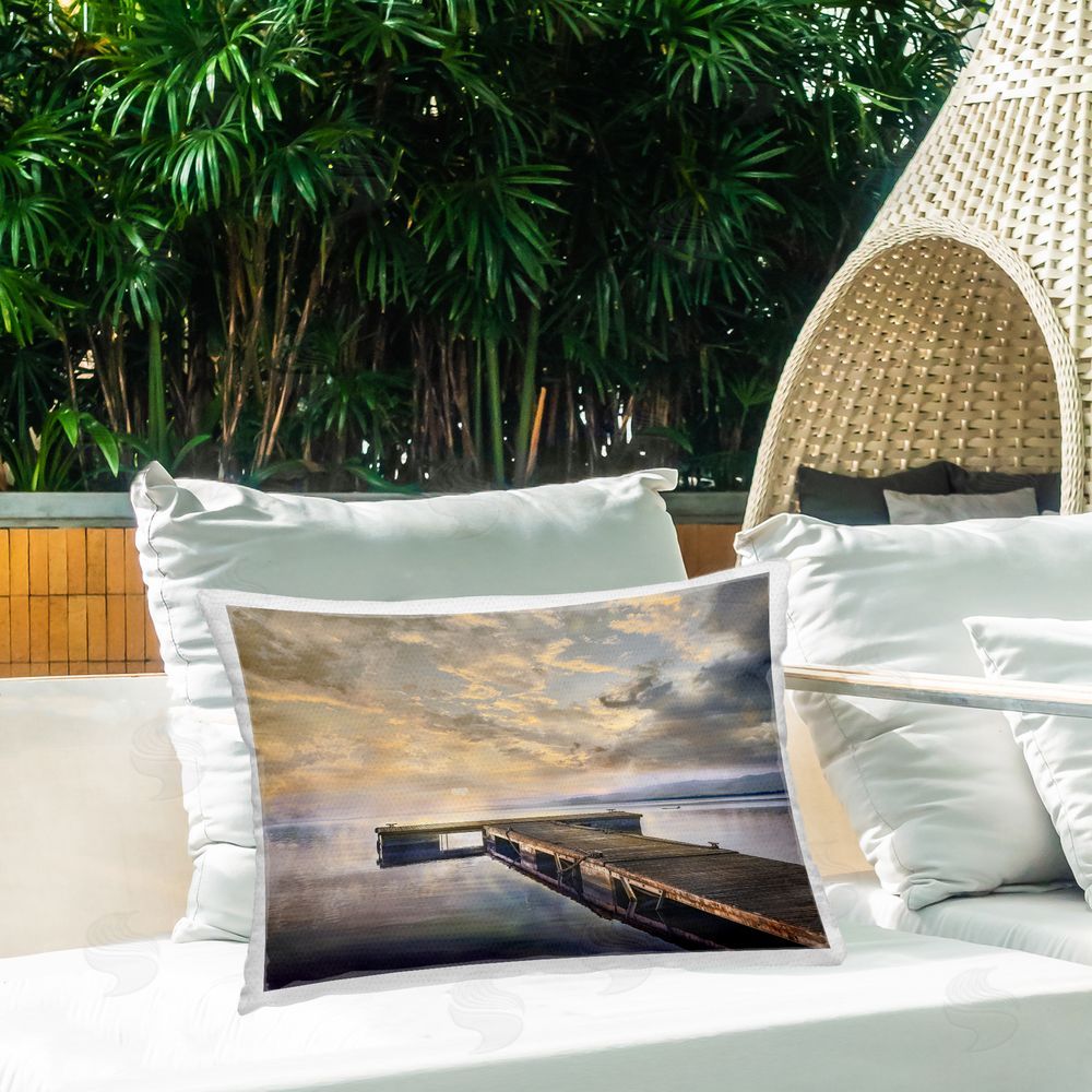 Mike Calascibetta Lazy Morning Lake Dock Outdoor Rectangular Pillow on Patio