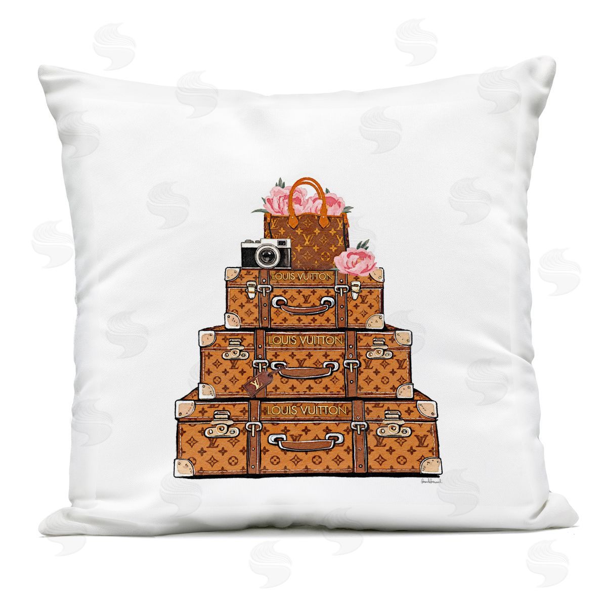 Amanda Greenwood Stacked Luggage with Floral Handbag Outdoor Printed Throw Pillow