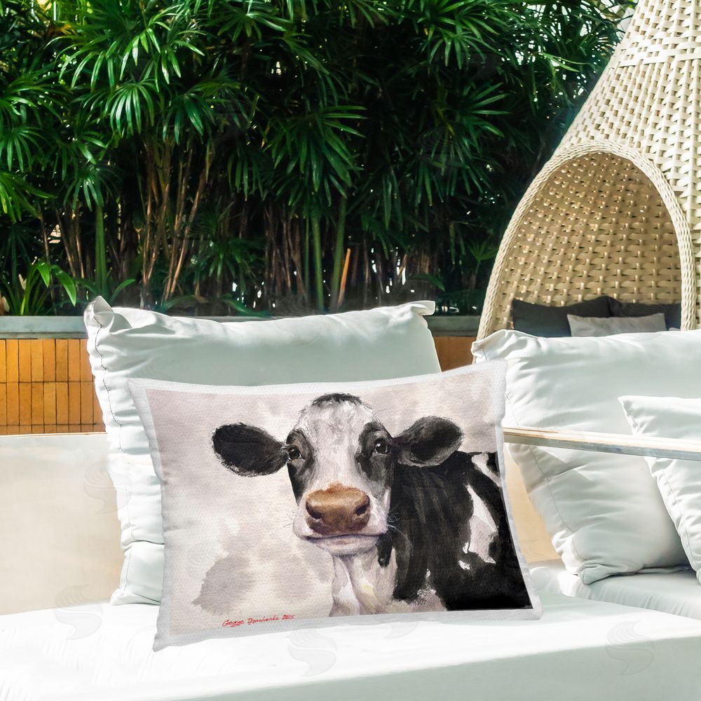 George Dyachenko Cute Cow with Abstract Background Outdoor Printed Throw Pillow on Patio