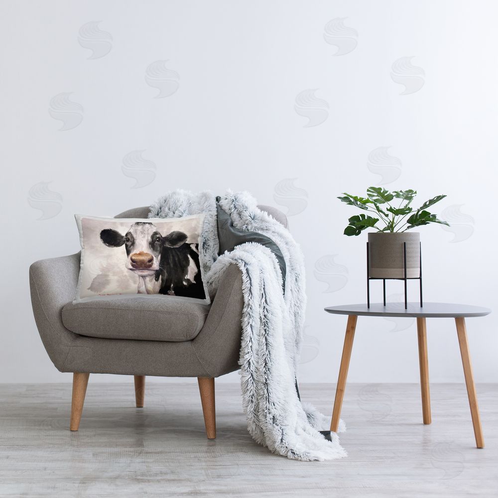 George Dyachenko Cute Cow with Abstract Background Printed Indoor Throw Pillow in Room