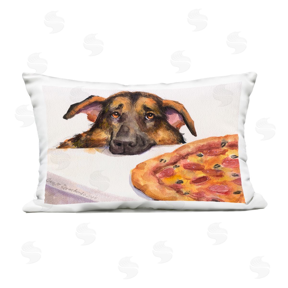 George Dyachenko German Shepherd with Pizza Outdoor Printed Throw Pillow