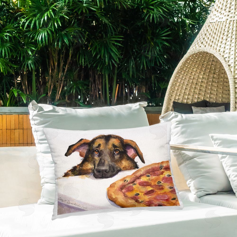 George Dyachenko German Shepherd with Pizza Outdoor Printed Throw Pillow on Patio