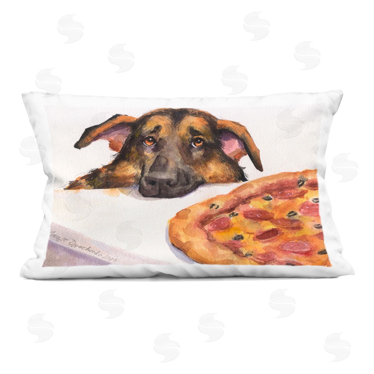 George Dyachenko German Shepherd with Pizza Indoor Printed Throw Pillow