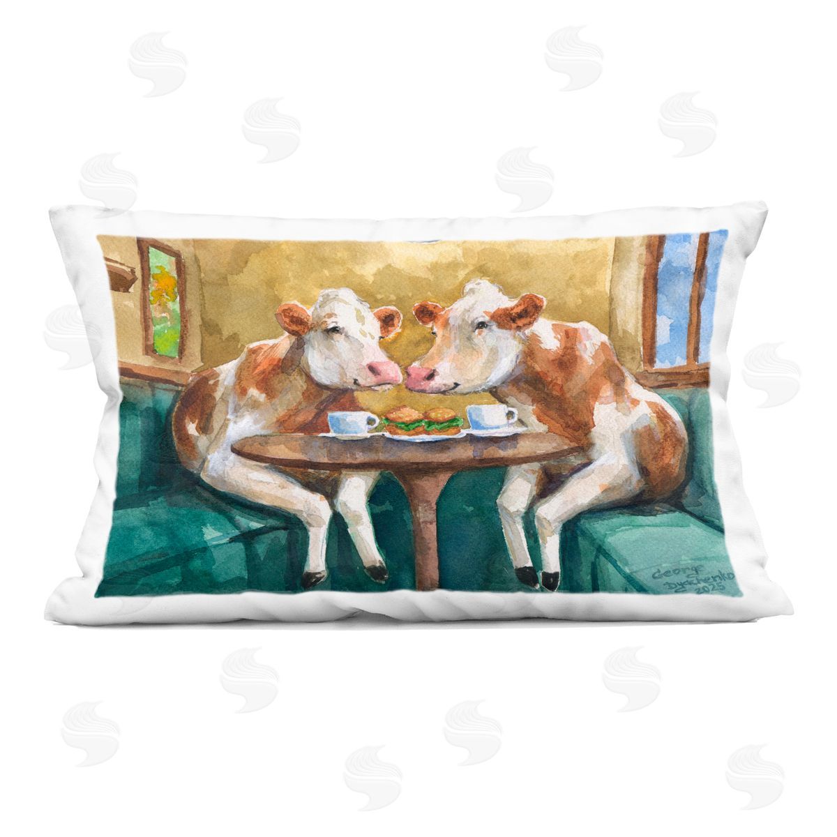 George Dyachenko Two Cows Cafe Brunch Indoor Printed Throw Pillow