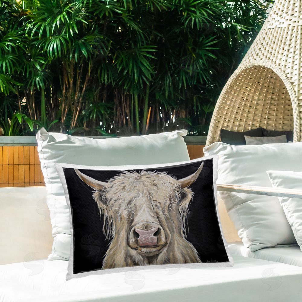 Lee Keller Calvin the Highland Cattle Outdoor Printed Throw Pillow on Patio