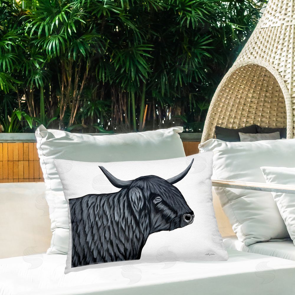 Ashley Justice Filmore Black Bull Portrait Outdoor Printed Throw Pillow on Patio