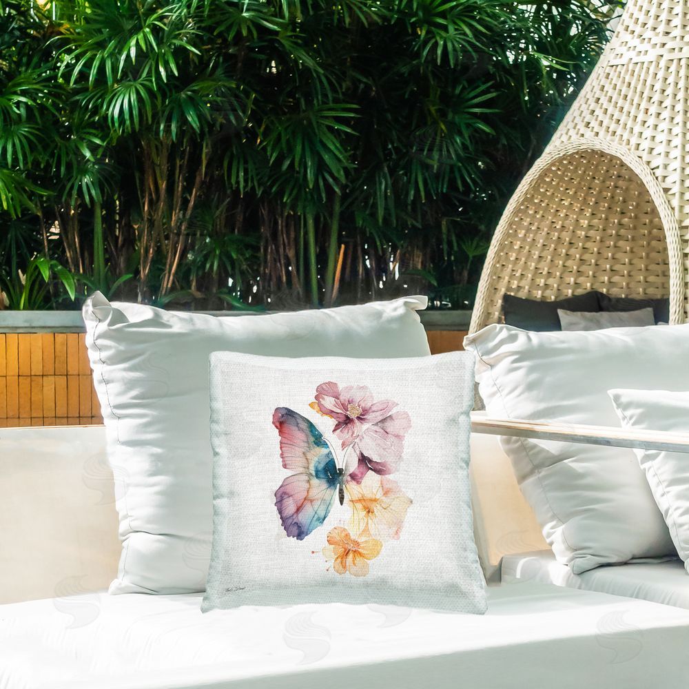Nicole DeCamp Emerging Beauty Butterfly Outdoor Printed Throw Pillow on Patio