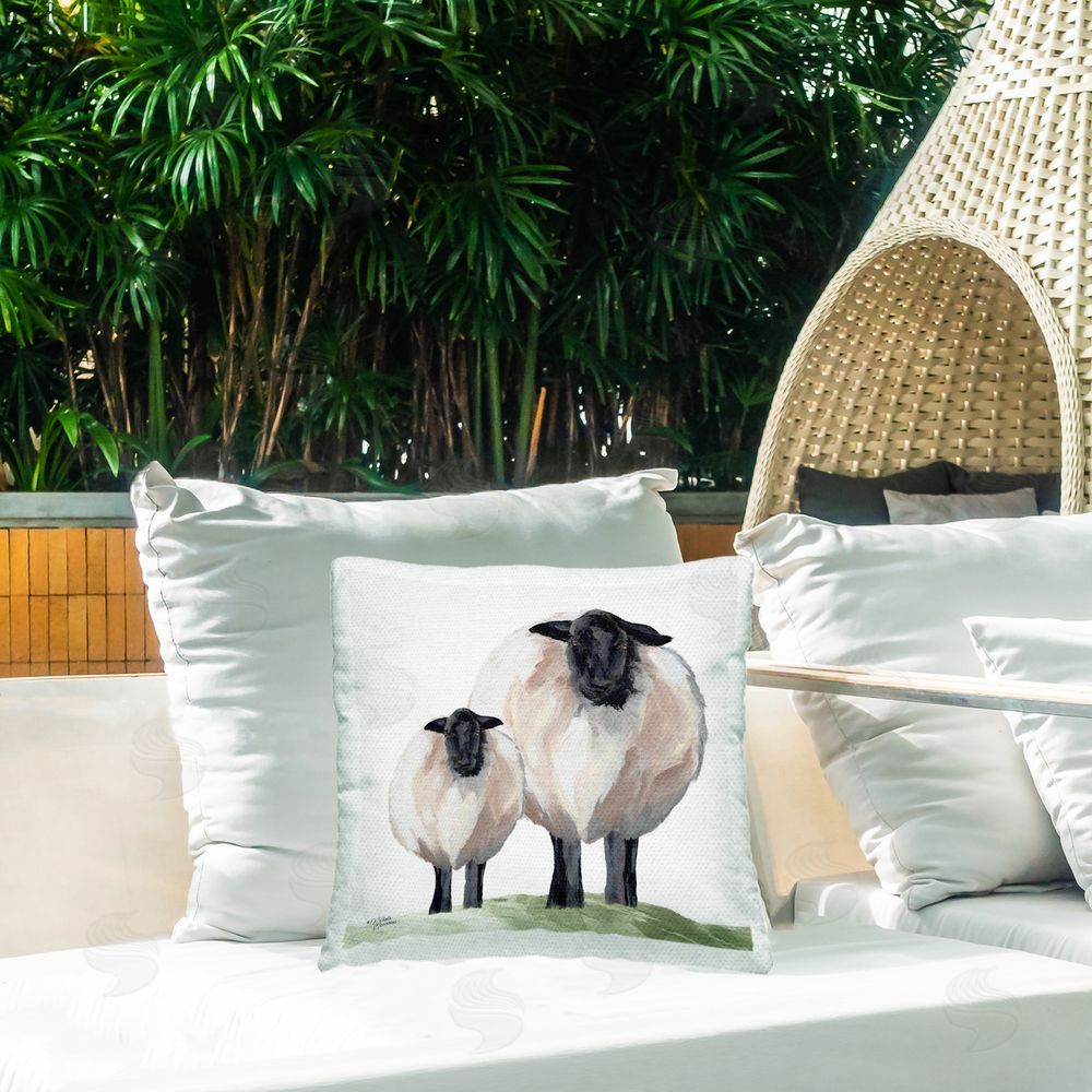 Michele Norman Sheep And Lamb Portrait Outdoor Printed Throw Pillow on Patio