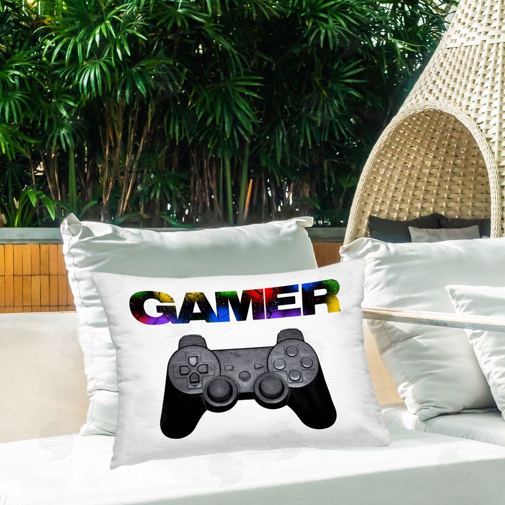 Marcus Prime Gamer with Rainbow Splatter Outdoor Printed Throw Pillow on Patio