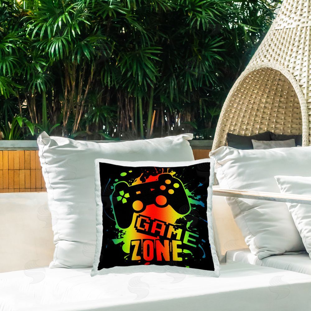 Marcus Prime Gradient Gaming Zone Outdoor Printed Throw Pillow on Patio