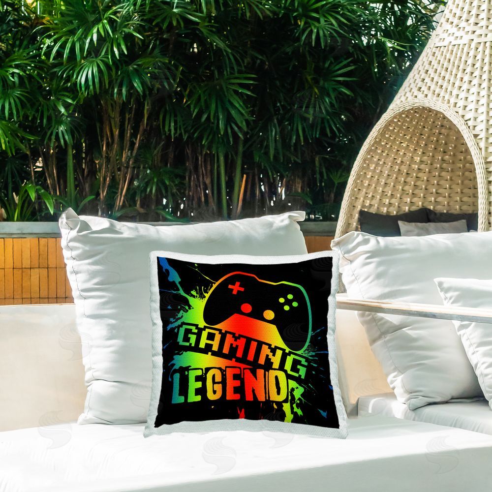 Marcus Prime Gradient Gaming Legend Outdoor Printed Throw Pillow on Patio