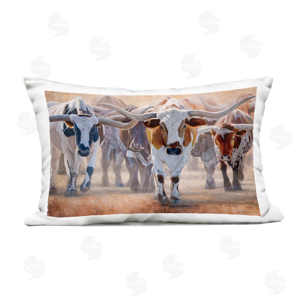 James Corwin Trotting Longhorn Cattle Outdoor Printed Throw Pillow
