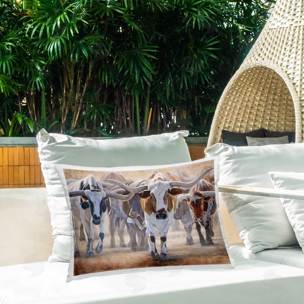 James Corwin Trotting Longhorn Cattle Outdoor Printed Throw Pillow on Patio