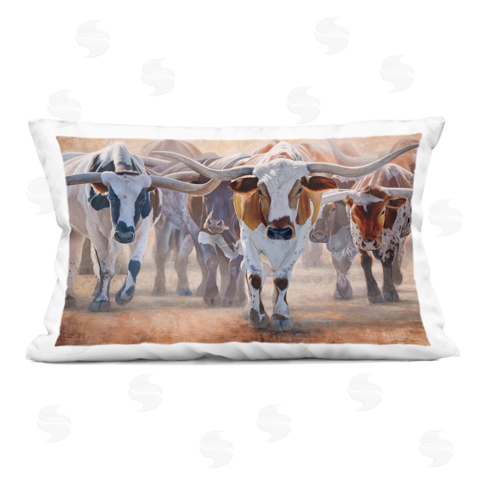 James Corwin Trotting Longhorn Cattle Indoor Printed Throw Pillow