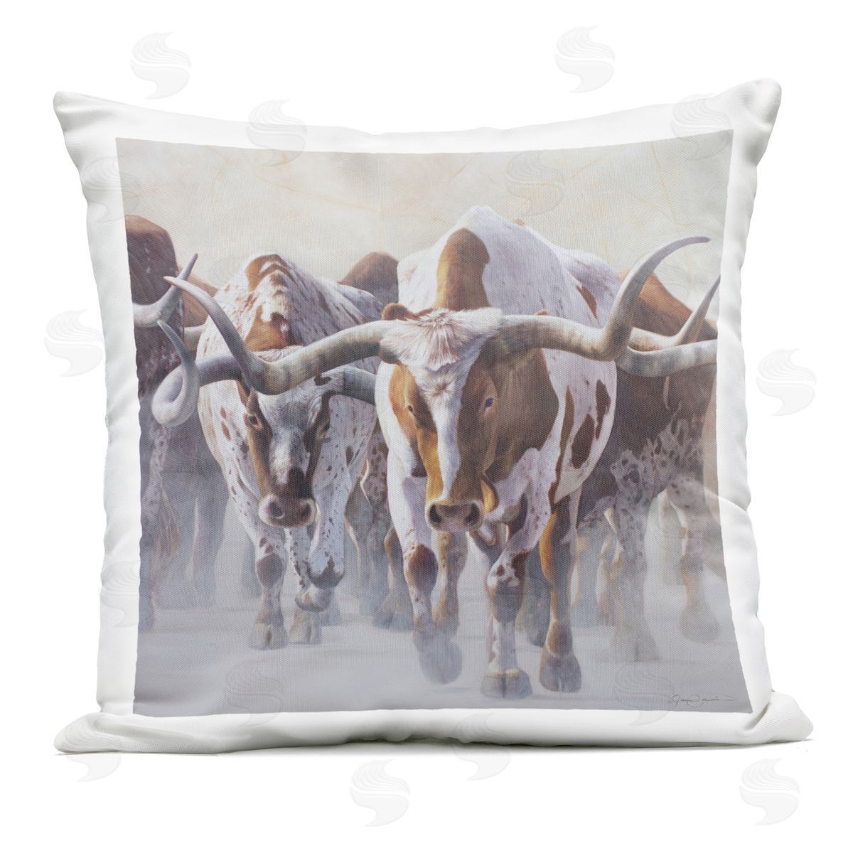 James Corwin Herd of Longhorns on Ranch Outdoor Printed Throw Pillow