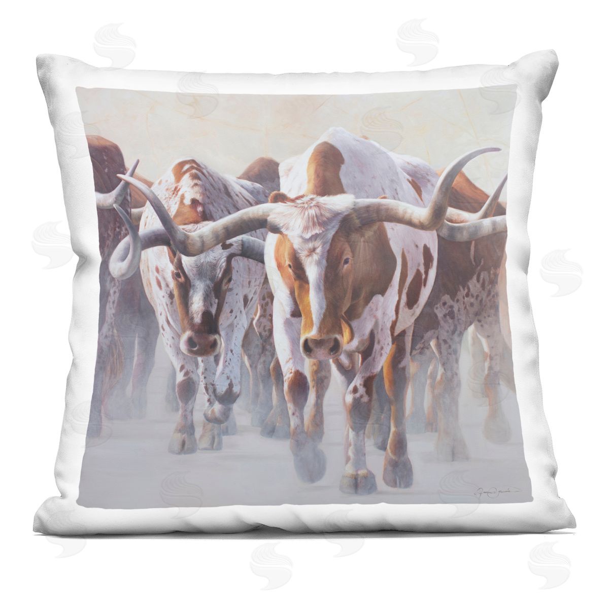James Corwin Herd of Longhorns on Ranch Indoor Printed Throw Pillow