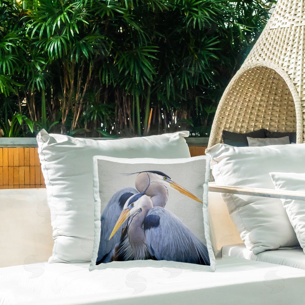 James Corwin Elegant Heron Twins Outdoor Printed Throw Pillow on Patio